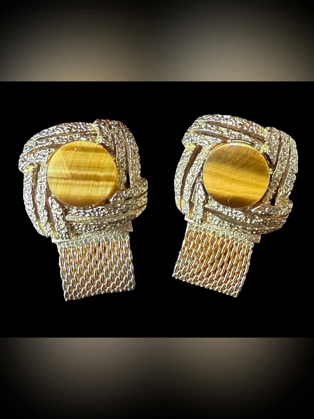 Mid Century Vintage Cuff Links w/ Tiger Eye Gemstones & Mesh Band